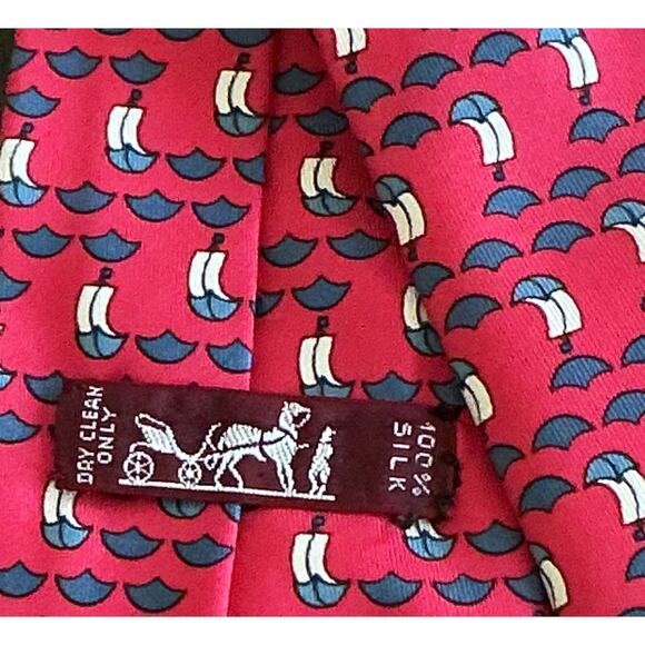 Hermes Men's Classic Tie Nautical Sailboats Red Satin 100% Silk 7130 FA Red Blue - Picture 4 of 8